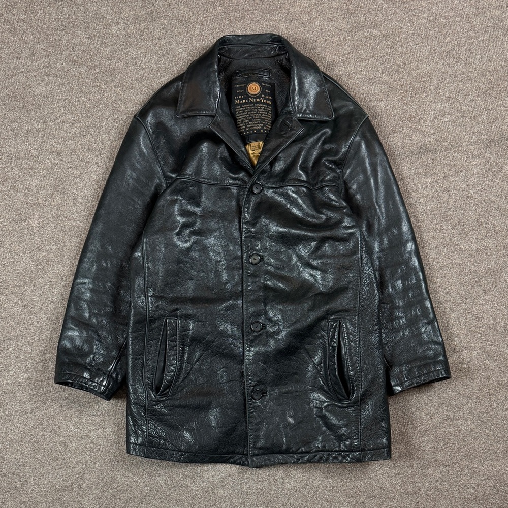 Marc New York Black Genuine Leather Jacket Men’s Large Button Front Heavyweight